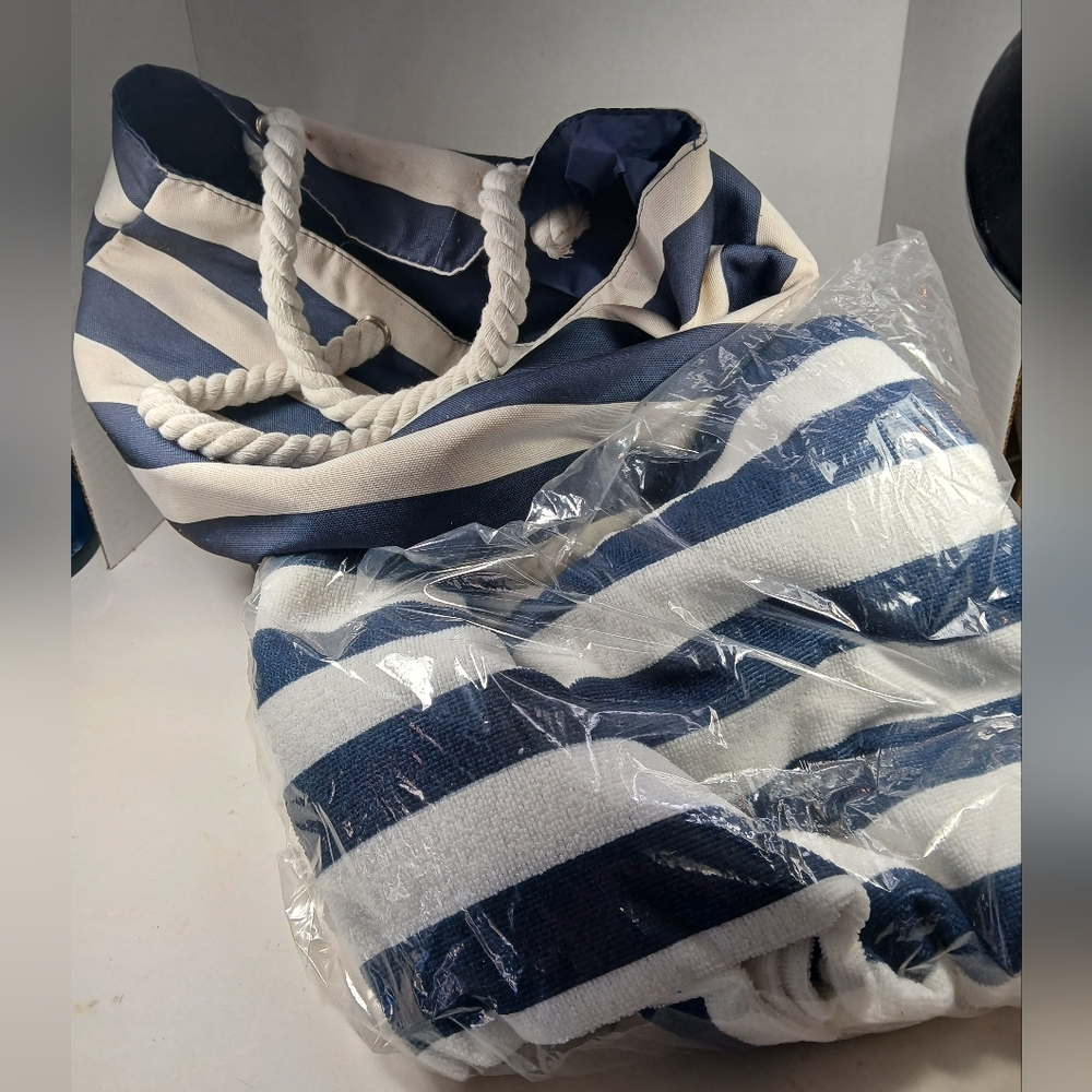 Striped Blue and White Tote Bag And Towel Set